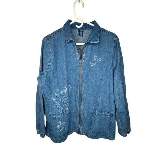 Basic Editions Tops - Vintage Basic Editions Denim Full Zip Shift Dress Embroidered Flowers Sz Large